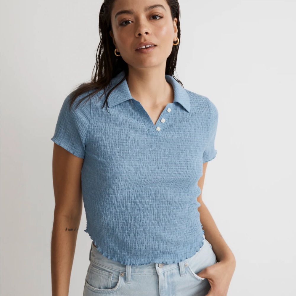 Madewell | crinkle polo crop tee size XS tranquil lake blue